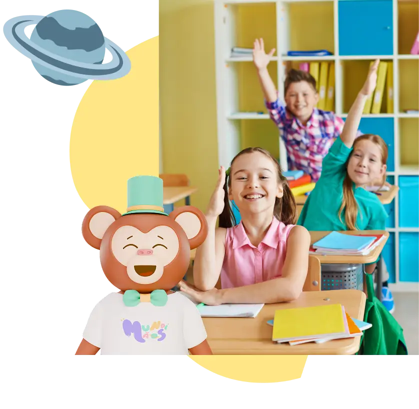 Crianças sorrindo ao lado do mascote César, personagem do aplicativo MundiMãos